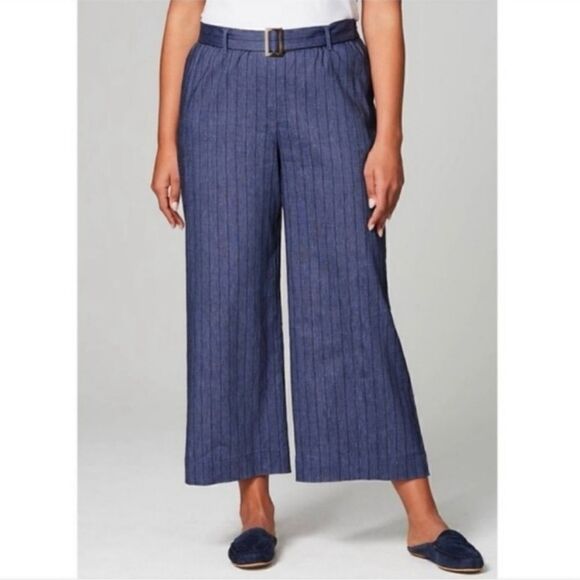 J. Jill Jenna Striped Linen Wide Leg Crop Pants Denim Blue Small Elastic Waist - Picture 1 of 10